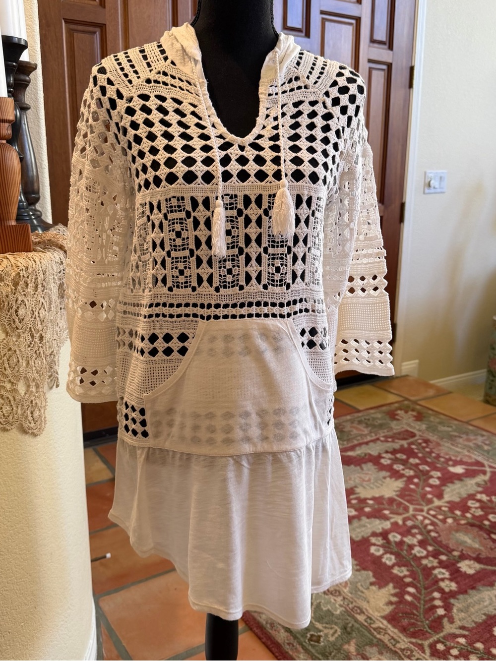 XCVI White Crochet Hooded Mini Dress